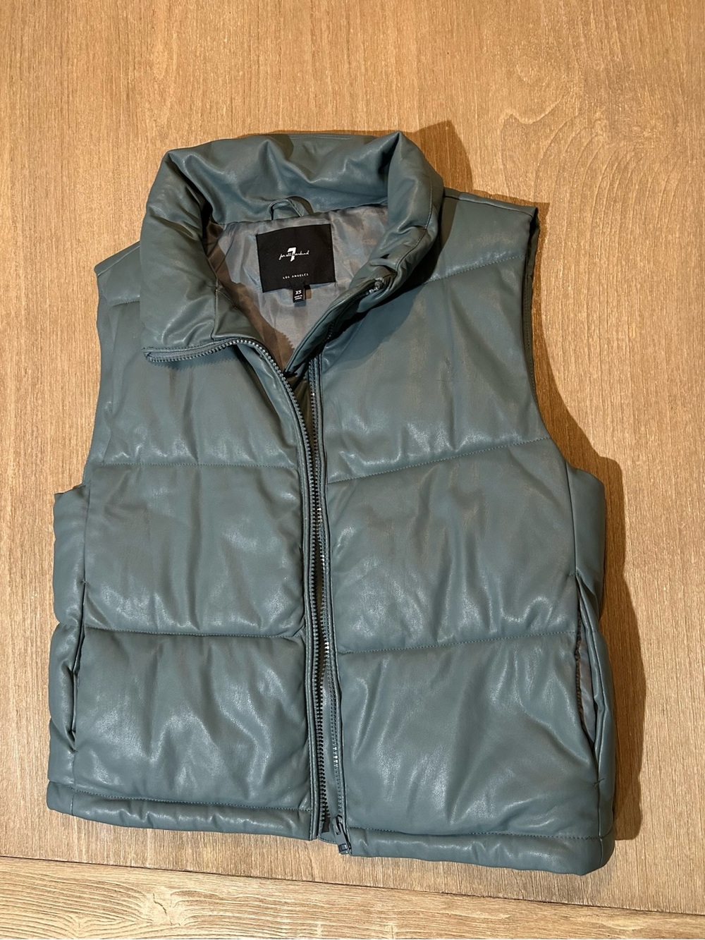 7 For All Mankind Vegan Leather Quilted Puffer Vest XS - Muted Blue Grey